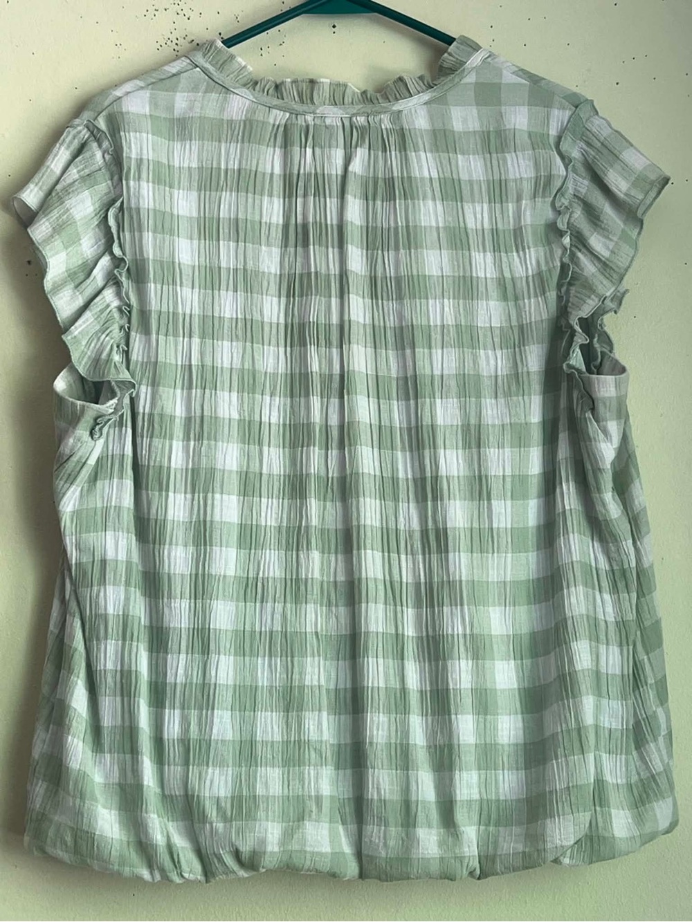 Mint Gingham Tie-Neck Ruffle Sleeve Blouse - Picture 2 of 3